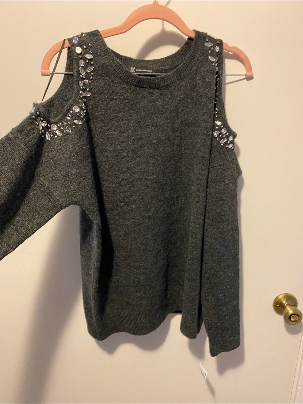 INC International Concepts Charcoal Gray Off-Shoulder Sweater with Jewel Accents